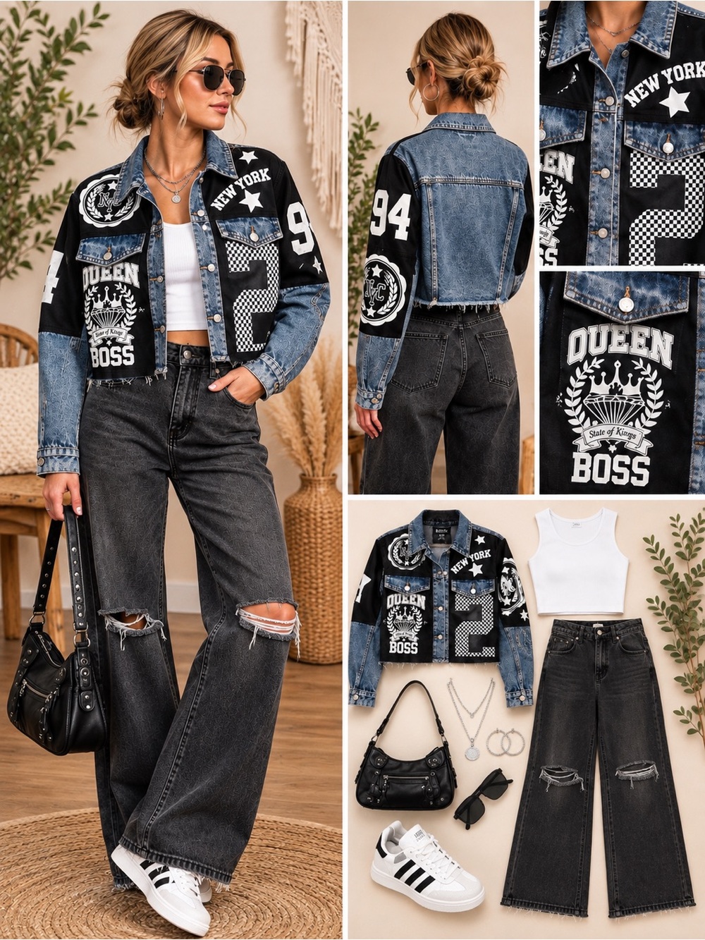 NWT Kroix Cropped Denim Graphic Jacket Size Large NYC Queen Boss Streetwear Y2K